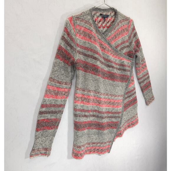 Lucky Brand Cardigan Sweater Womens Small Gray Red Striped Open Front Wrap - Picture 7 of 12